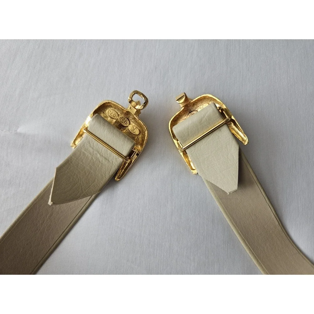 Vtg 1973 Mimi Di N Ivory Cream Leather Gold Buckle Love Birds Sparrows Belt - Picture 5 of 12